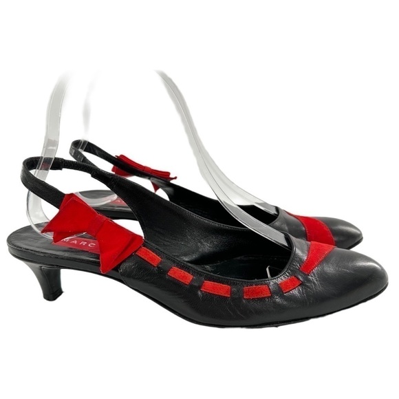 Marc Jacobs kitten heels size 7.5 black Italian leather red suede bow Y2k - Picture 1 of 13